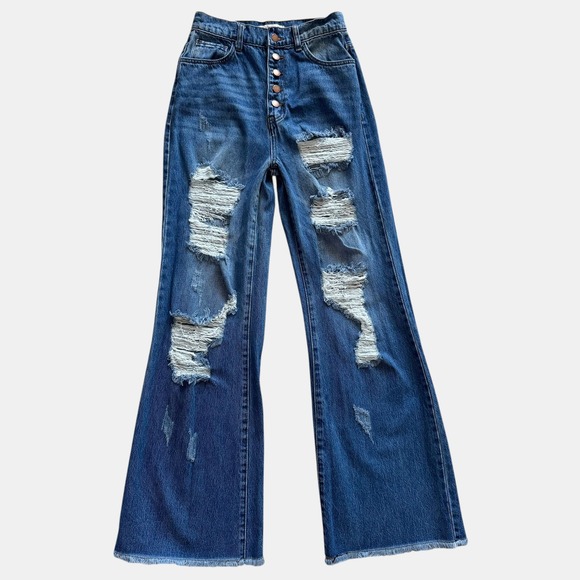 Vibrant M.I.U. High Rise Wide Leg Distressed Jeans Blue Juniors Sz 7 boho Grunge - Picture 2 of 16